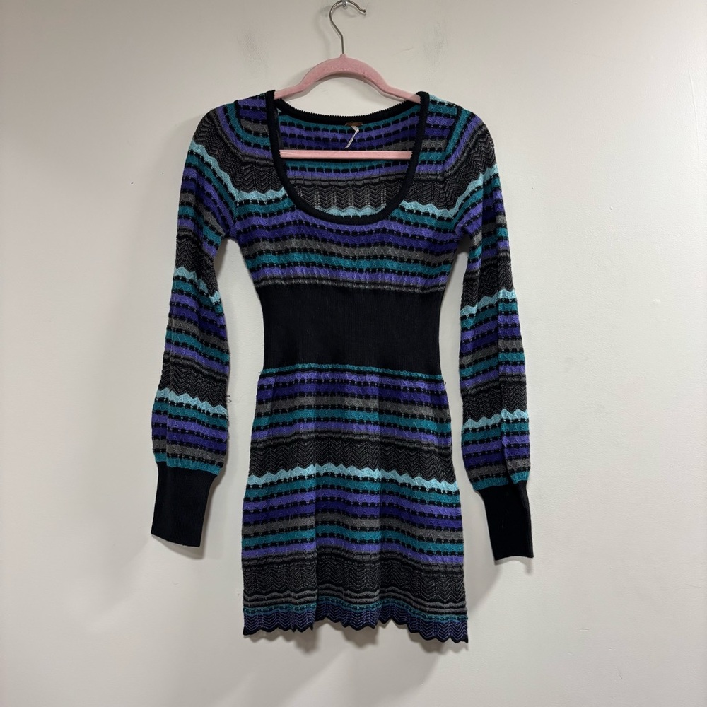 Free People Black and Blue Ribbed Bishop Sleeve Dress